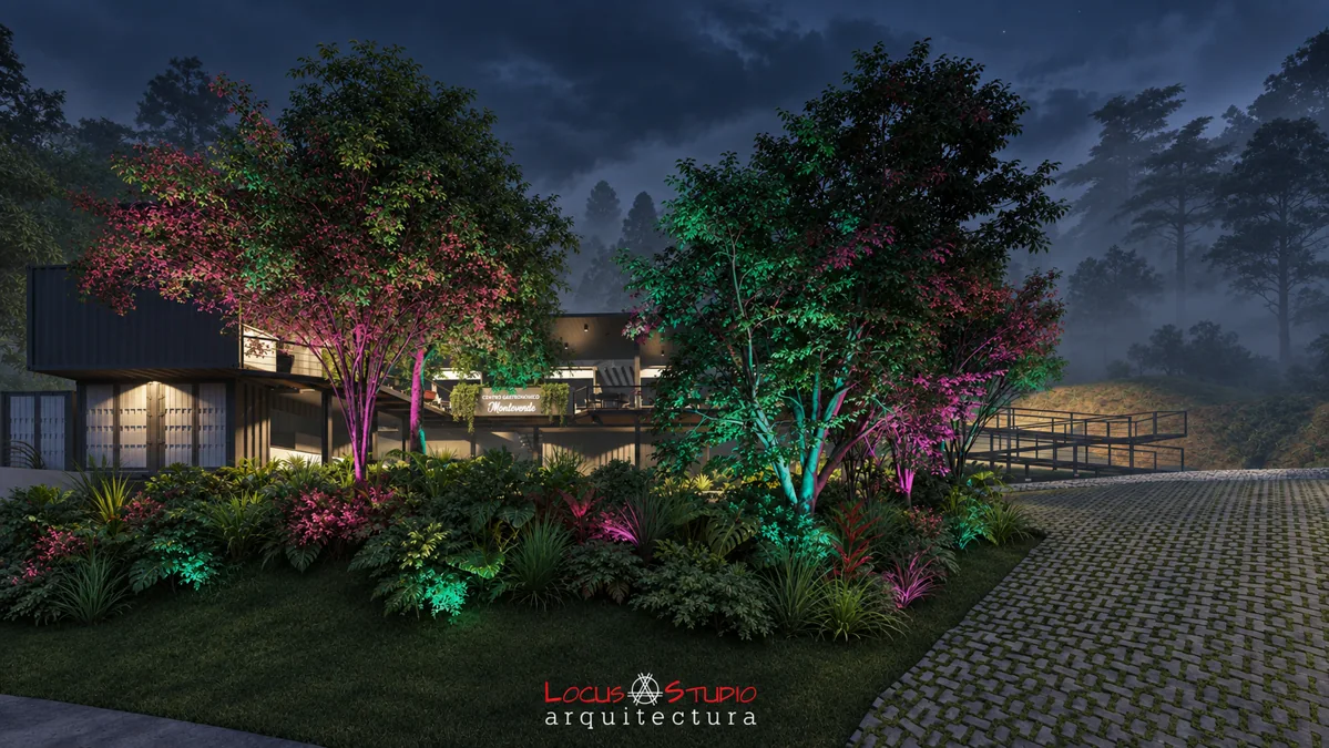 Centro Gastronómico Monteverde · Vehicle entrance at night