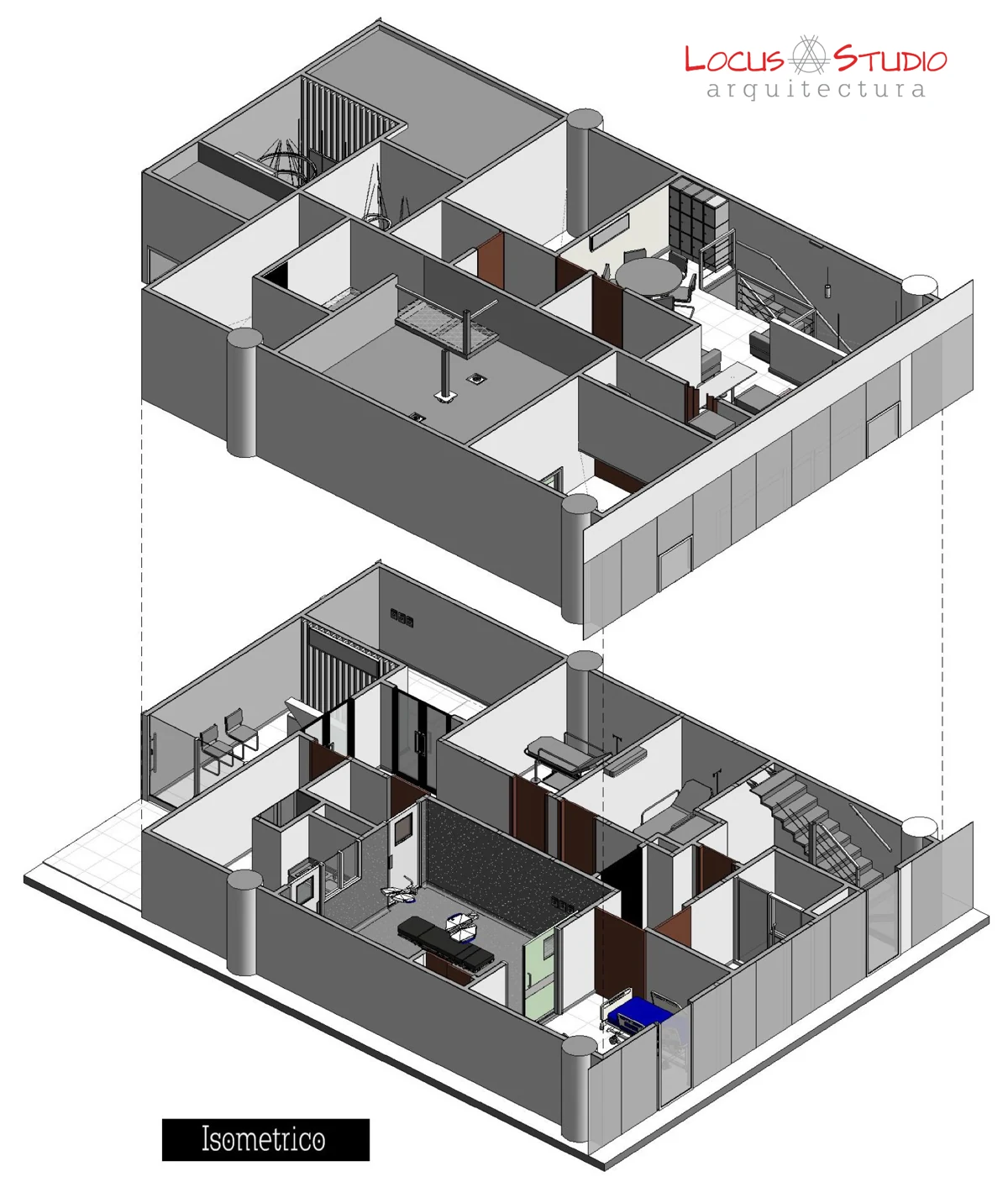 Clínica · Spatial layout axonometrics